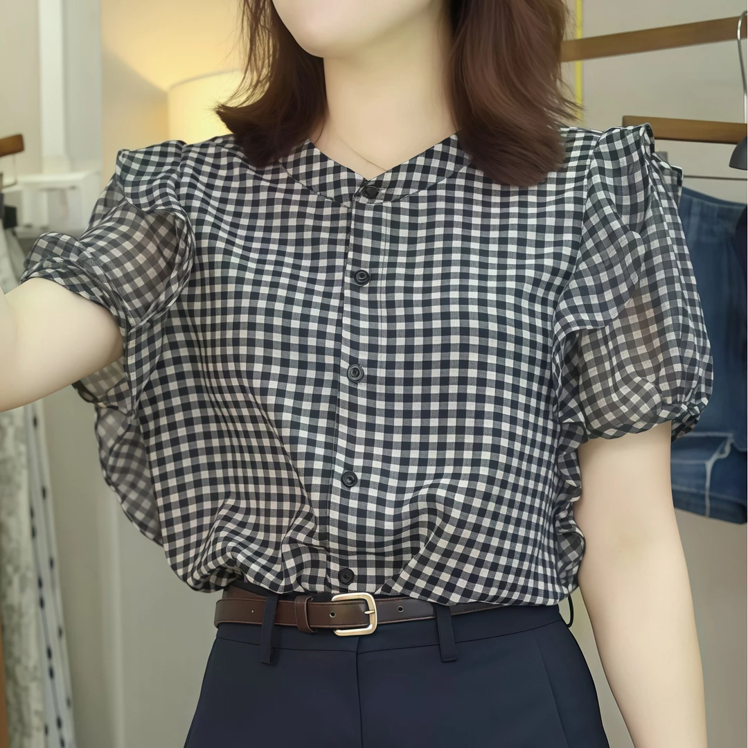 2025夏季通勤甜美洋气显瘦时尚百搭设计感小众格子韩版上衣女潮流