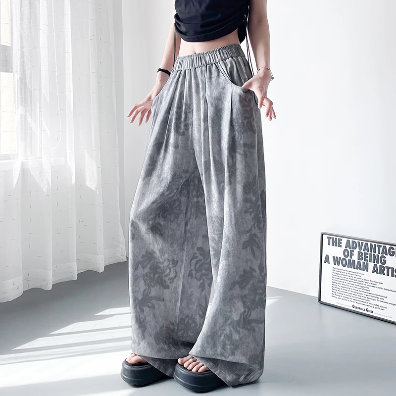 大码夏季印花宽松阔腿裤女胖mm梨型身材酷飒设计感垂感拖地休闲裤