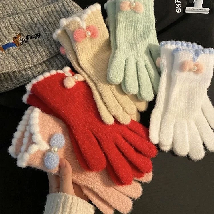 可爱蝴蝶结针织手套女2024新款秋冬季可触屏学生骑行保暖防寒shq