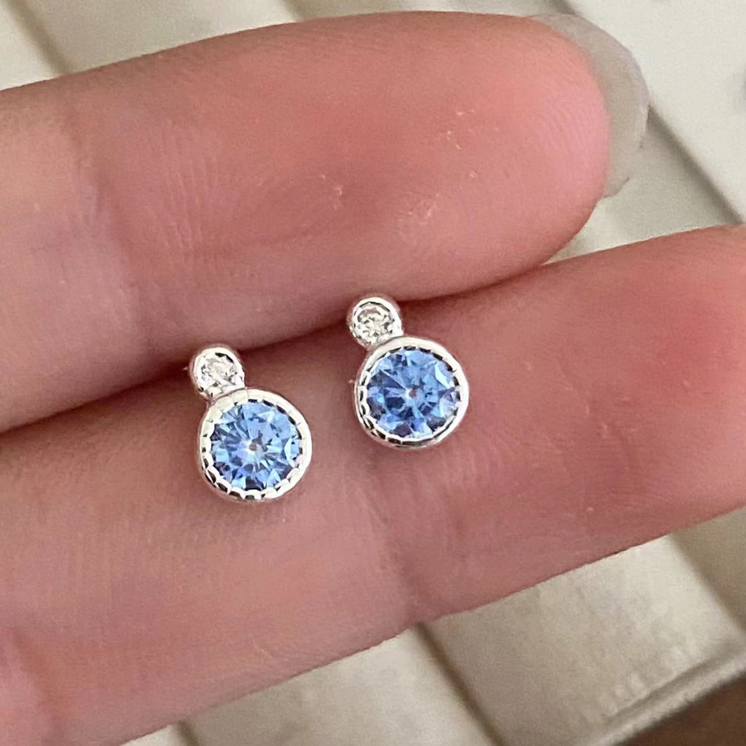 925银合成锆石耳饰 日韩时尚百搭蓝色合成锆石泡泡银耳钉