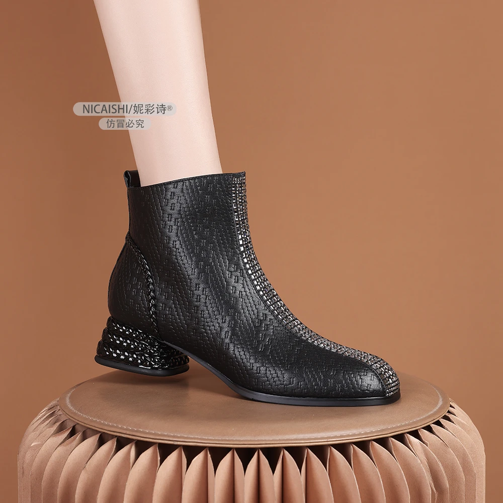 2025年新款欧美小众设计短靴百搭经典简约粗跟舒适侧拉链女靴3080