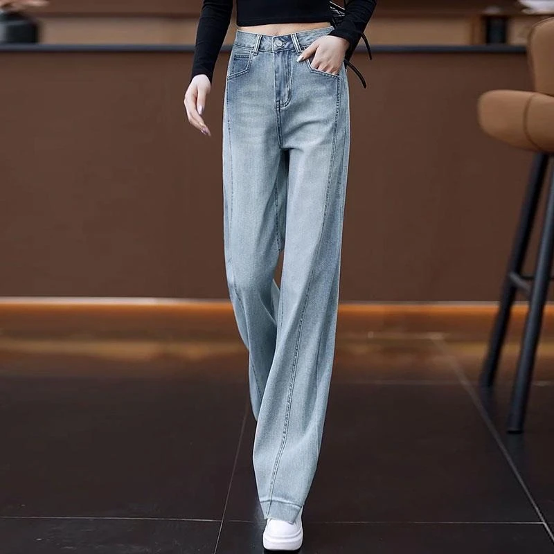 窄版牛仔直筒裤女2025年春季新款高腰显瘦垂感休闲阔腿裤浅色裤子