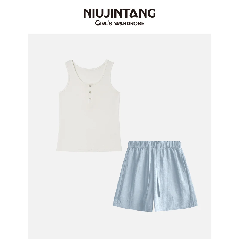 【NJT】2025夏季新款简约百搭气质时尚宽松休闲背心短裤套装HAW2532