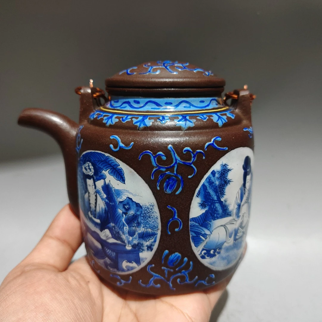洋桶提梁紫砂壶青花瓷琴棋书画360cc原矿紫泥全手工