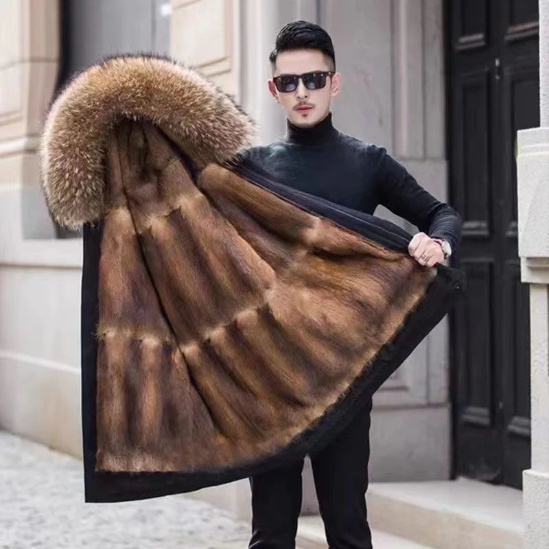 2025男士中长款风衣大毛领连帽冬季保暖派克服