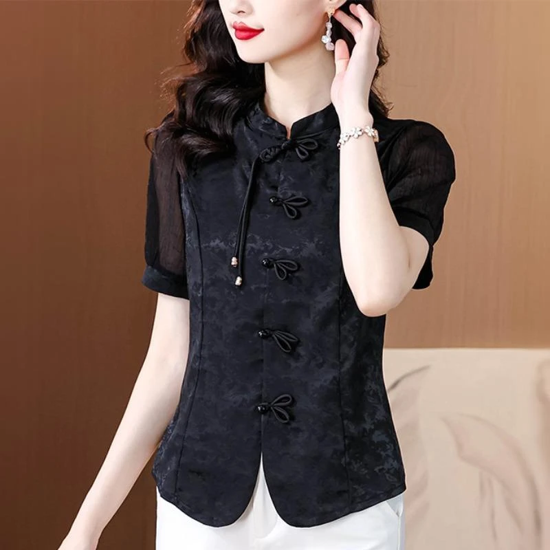 新中式短款国风气质衬衫女夏季2025新款时尚立领黑色盘扣小衫上衣