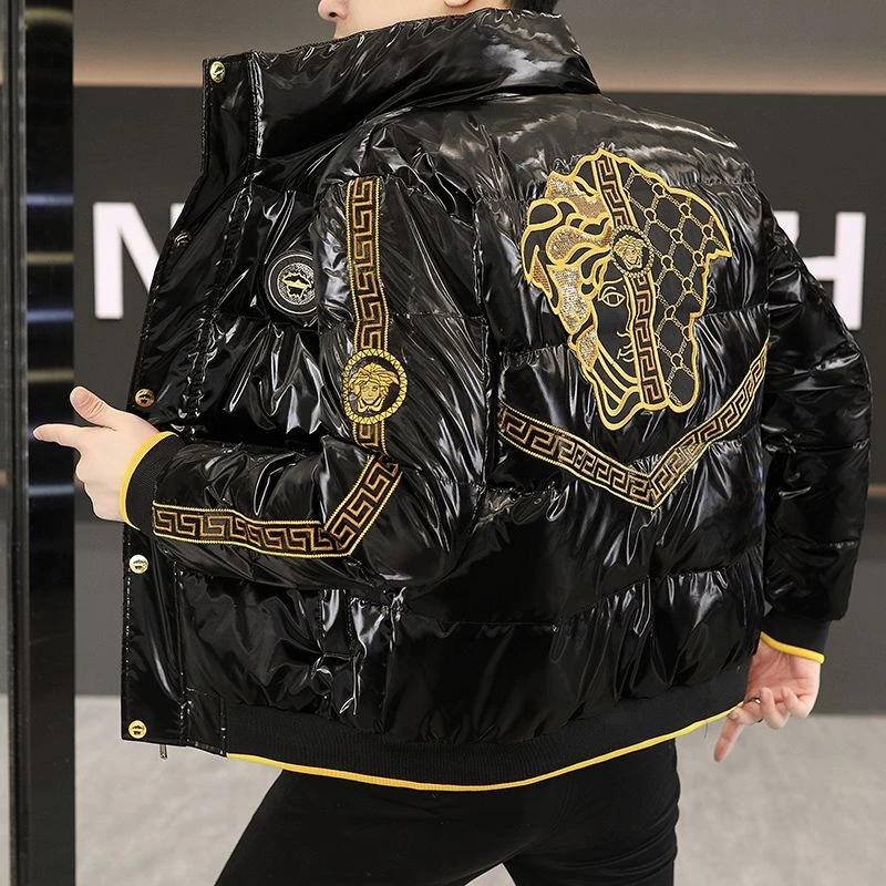 欧洲站冬季新款男士亮面刺绣加厚款保暖棉服潮流时尚立领棉衣外套