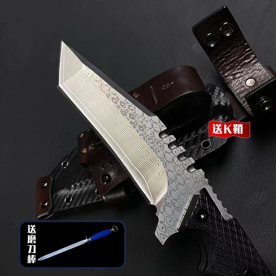 方头赏金猎刃真品大马士革刀加厚夹钢锻打高硬度户外多功能收藏款
