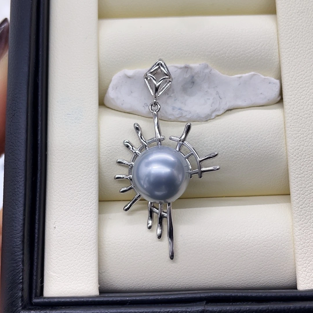 吊坠(不含链)银S925镶嵌海水珍珠铂金灰吊坠11-12mm