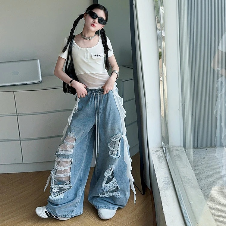 儿童破洞牛仔裤夏季新款女孩个性短袖儿童阔腿裤飘带爵士舞两件套