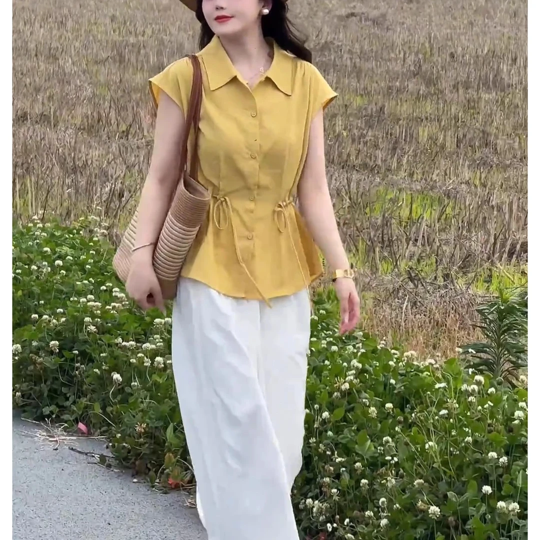 法式减龄时尚短袖气质上衣夏季新百搭收腰韩版气质休闲设计感衬衫