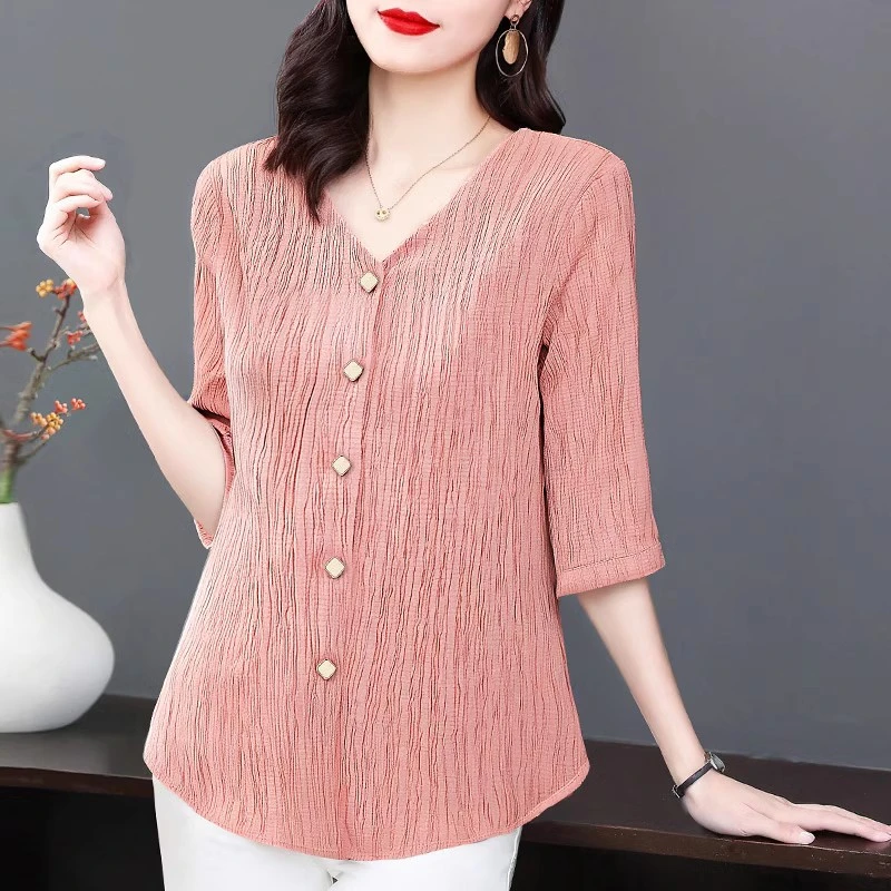 七分袖衬衣女春秋2025新款V领竖条纹衬衫女宽松大码女士气质上衣