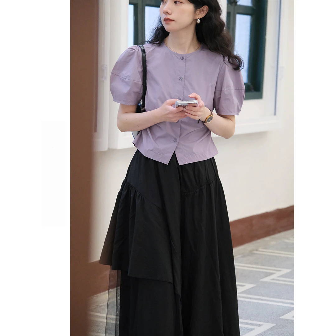 纯色圆领衬衫女春季爆款洋气优雅风外穿长袖衬衣设计感清冷感纽扣