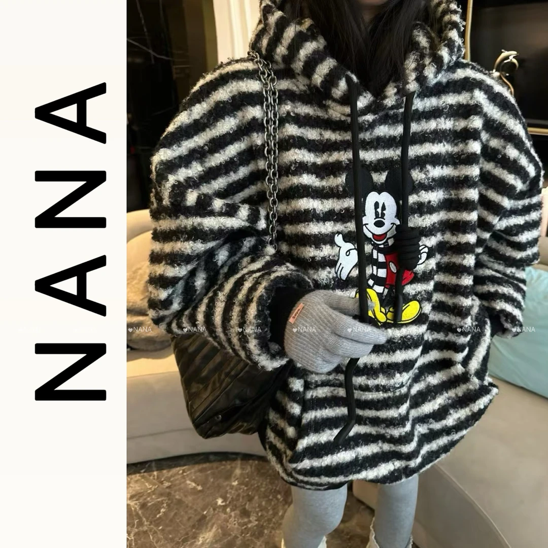NANA STUDIO【卫衣加绒系列】米奇摇粒绒条纹连帽加绒加厚宽松卫衣