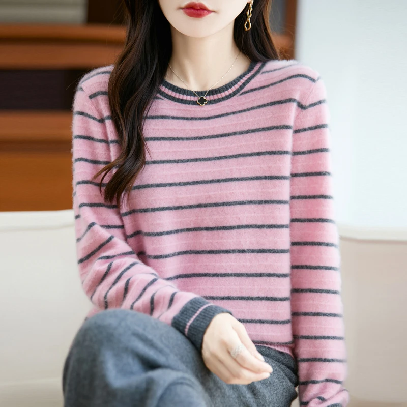 复古韩系撞色条纹软糯长袖羊毛衫女春装新款圆领宽松打底套头上衣
