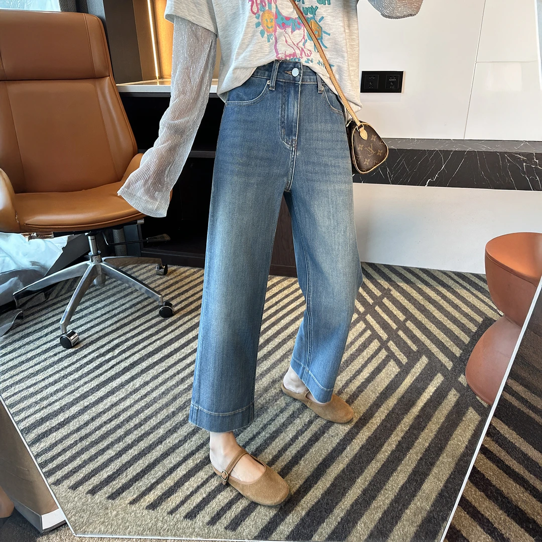 直筒牛仔裤女2025秋季新款高腰垂感宽松窄版小个子八分九分阔腿裤
