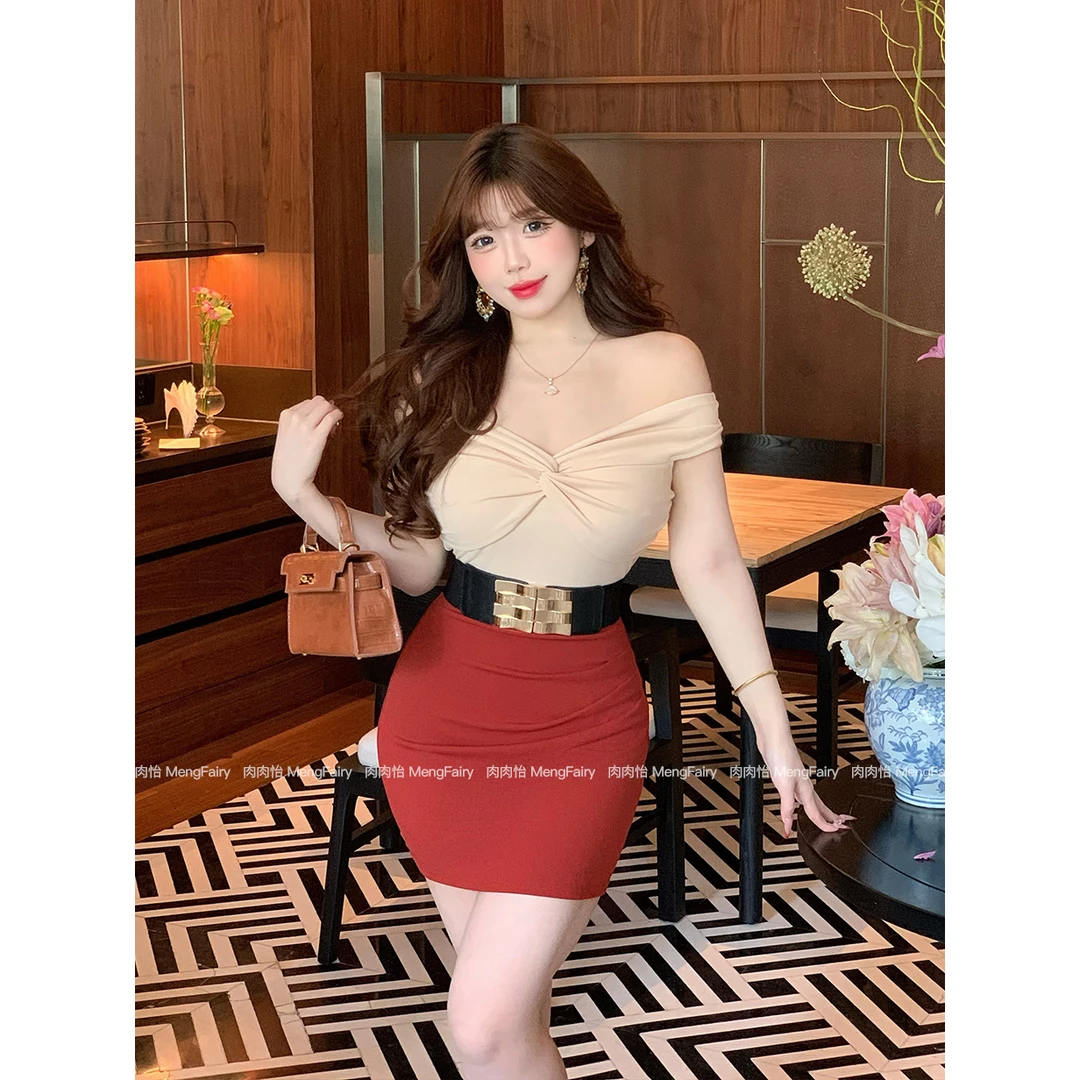 萌面侠肉肉怡 现货【高干女主】小众御感撞色拼接收腰连衣裙5858B