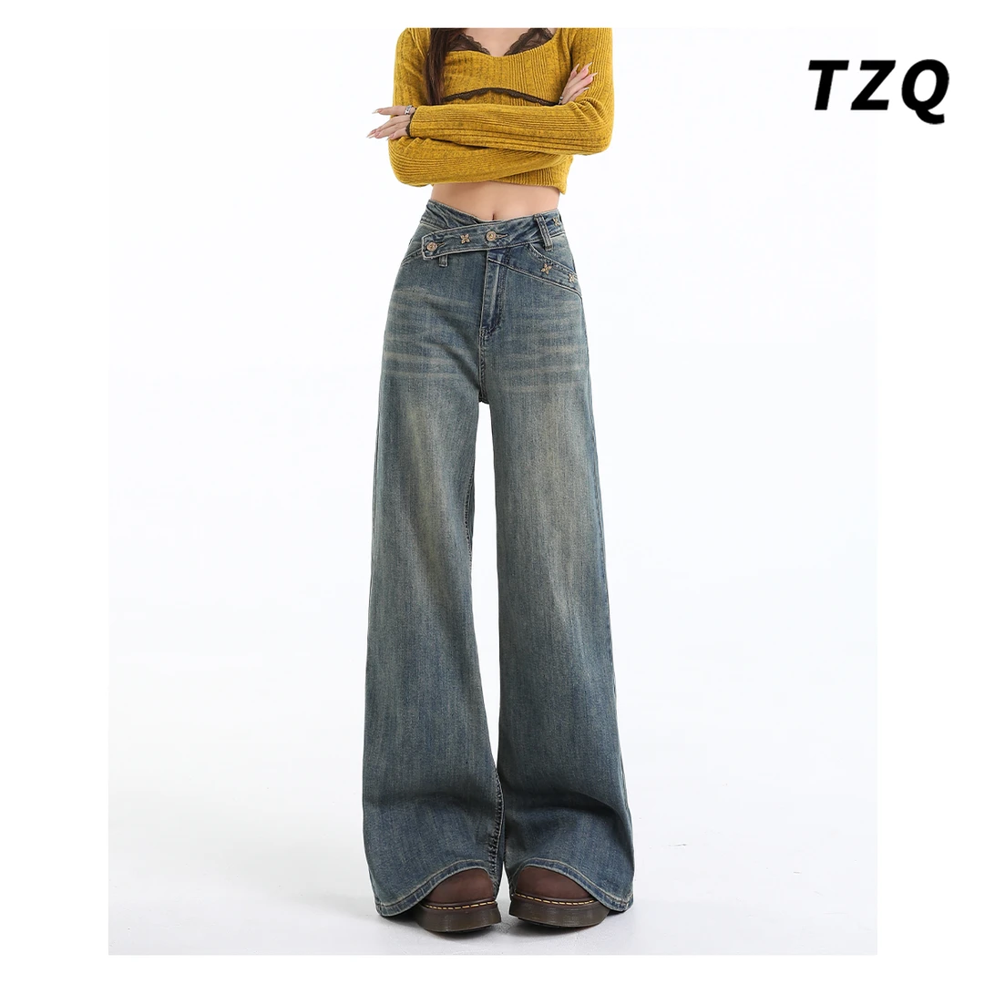 美式复古阔腿牛仔裤女款爆款2025新款小众设计感高腰宽松直筒裤子