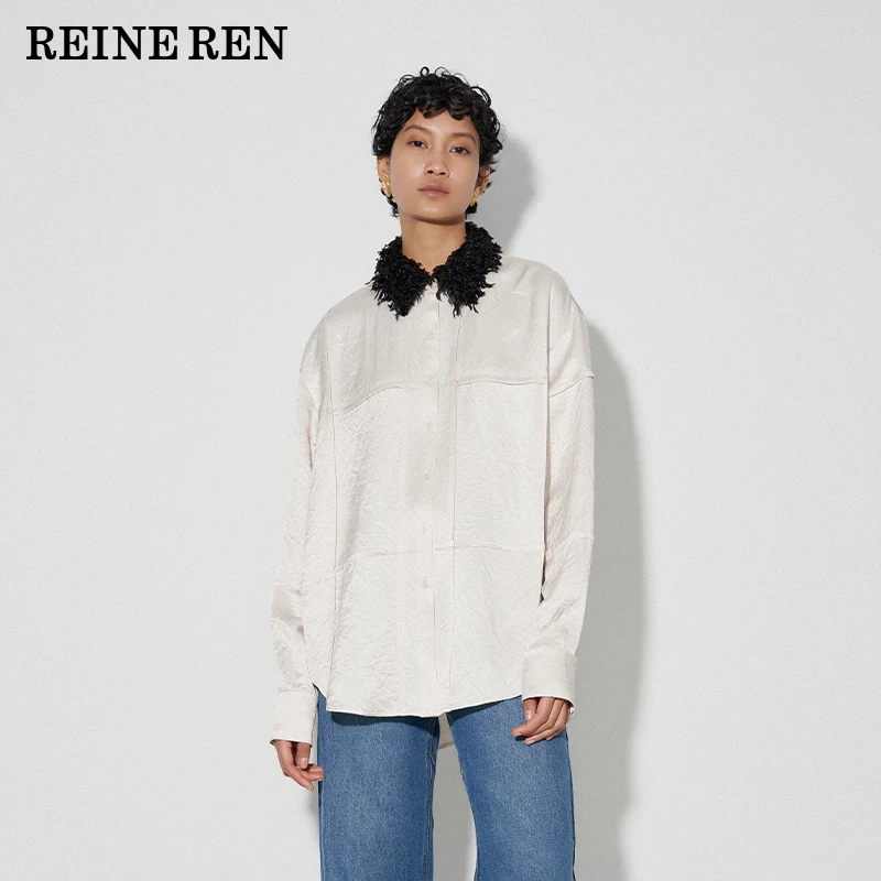 REINEREN任茜简约褶皱醋酸羽毛拼接领衬衣