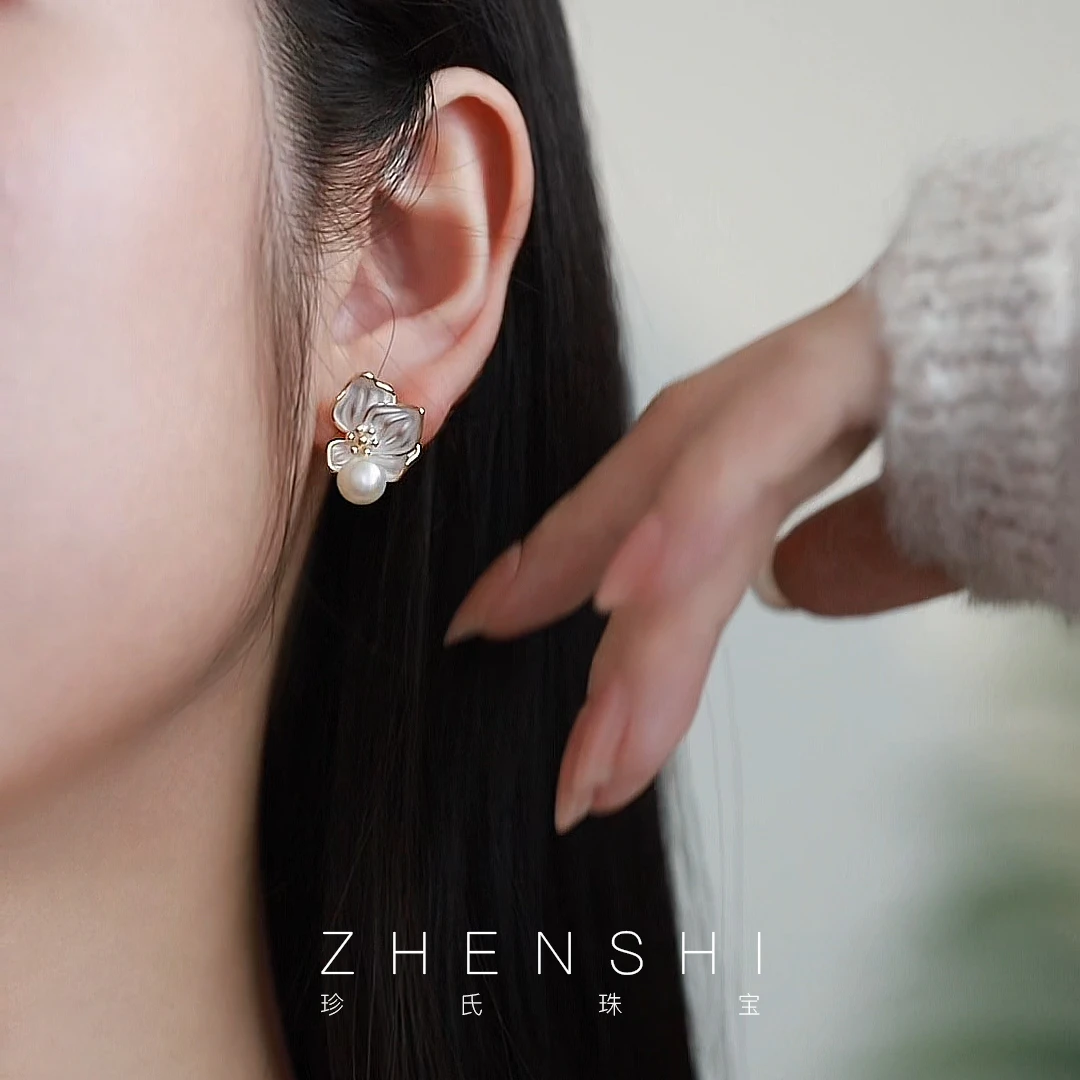 珍氏珠宝天然淡水珍珠耳钉女款 中式温柔气质高级耳环耳饰（蝶兰）