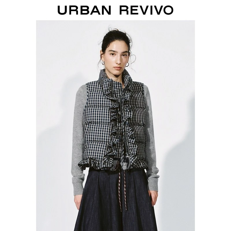 UR2026春季新款女装都市立领系带格纹荷叶边棉服UYU160001