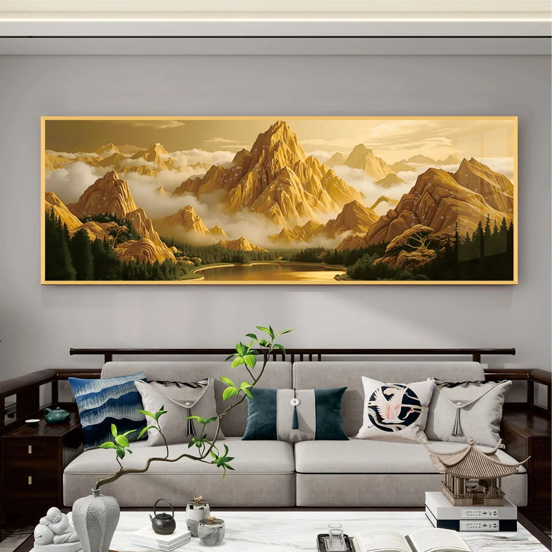 JHC86万里金山聚宝盆装饰画挂画日照金山晶瓷镶钻金色金属边框JZ