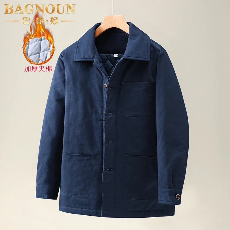 巴格奴棉服男士秋冬新款时尚高端复古老钱风棉麻加棉加厚棉衣外套