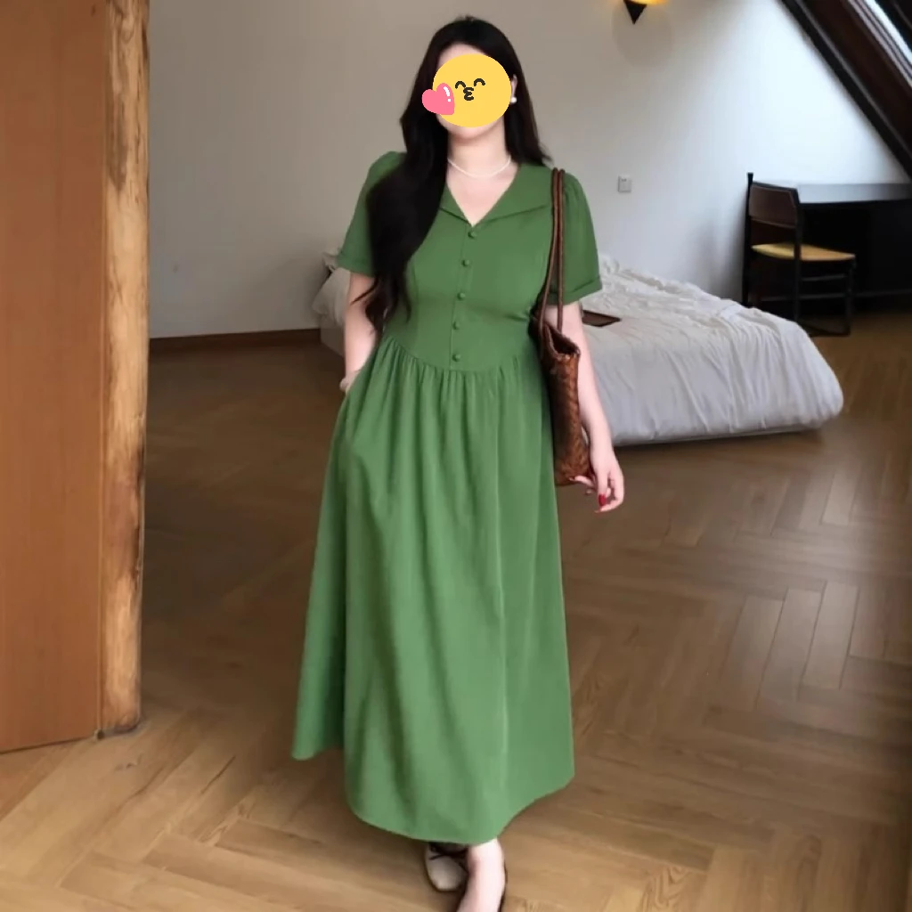 大码女装法式复古翻领掐腰连衣裙新款胖mm修身高腰遮胯巨显瘦裙子