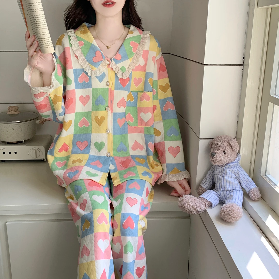 睡衣女秋冬季大码空气棉夹层可外穿25新款方格爱心套装冬天家居服