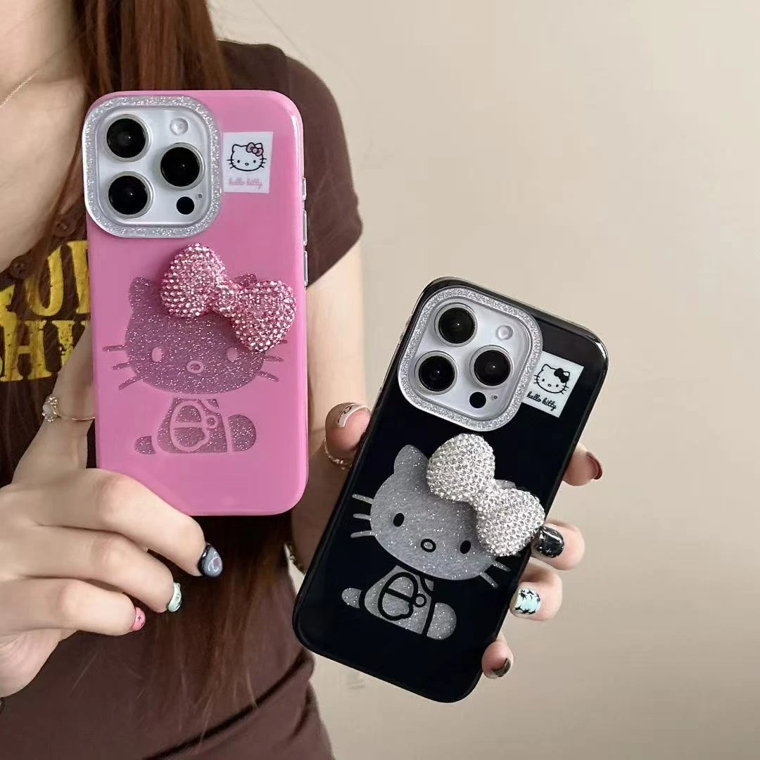 可爱黑底闪粉蝴蝶结kt猫适用苹果16promax手机壳iphone15新款14