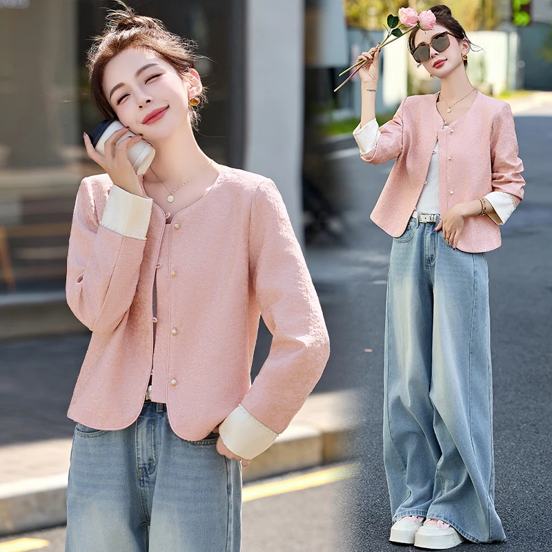 新中式国风提花短外套女2025春秋新款气质名媛小香风撞色拼接上衣