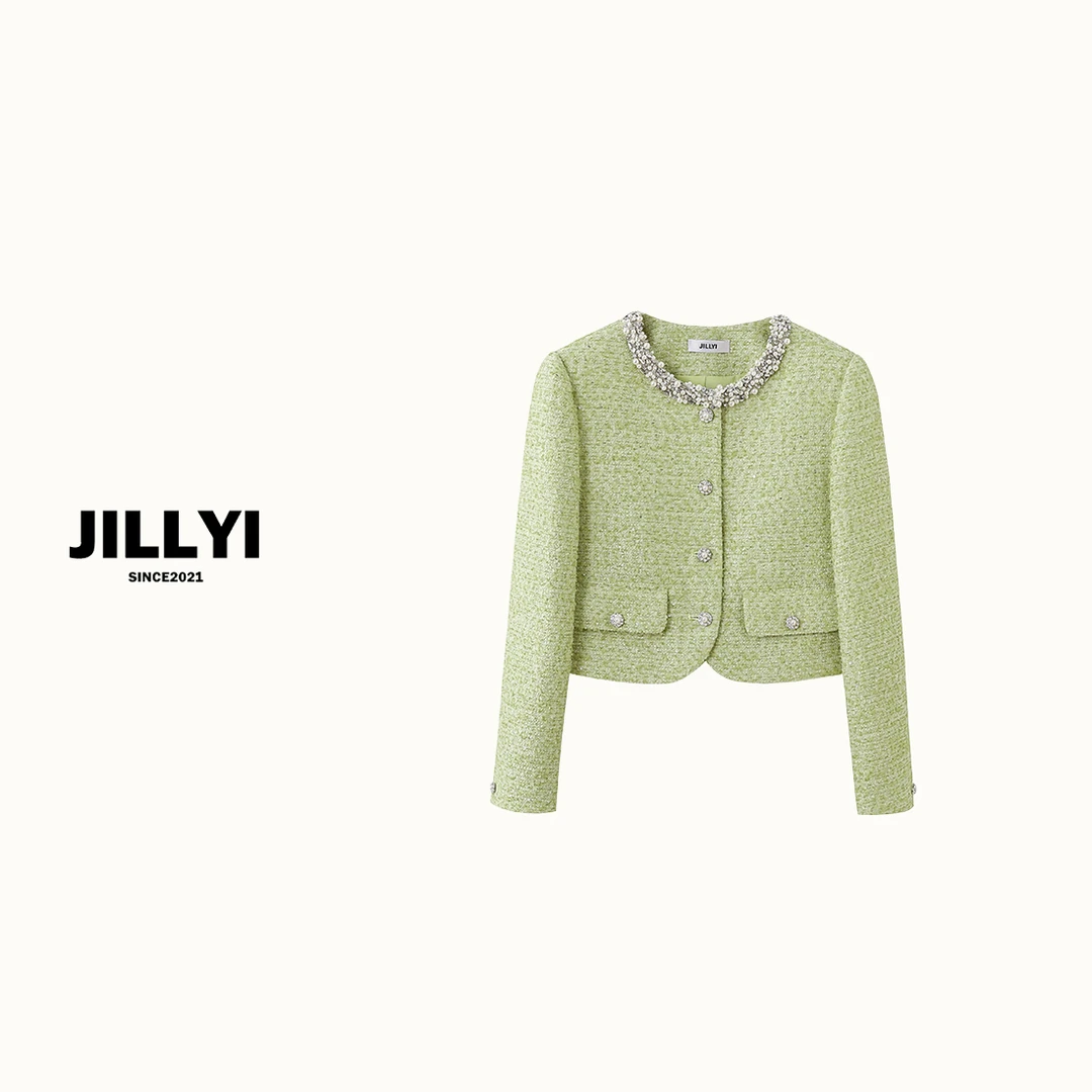 JILLYI南山店【青提慕斯】绿色圆领手缝珍珠轻奢短外套小香风气质时