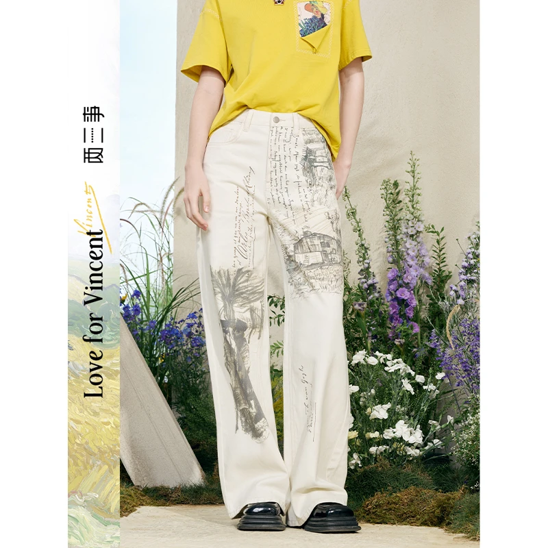 两三事梵高文艺 泛黄诗行文艺风印花阔腿牛仔裤S25XKN513