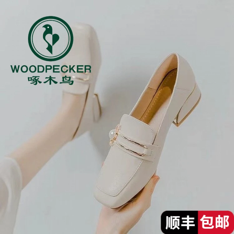 啄木鸟皮鞋英伦风小春秋女2025夏新款时尚中跟豆豆百搭一脚蹬乐福