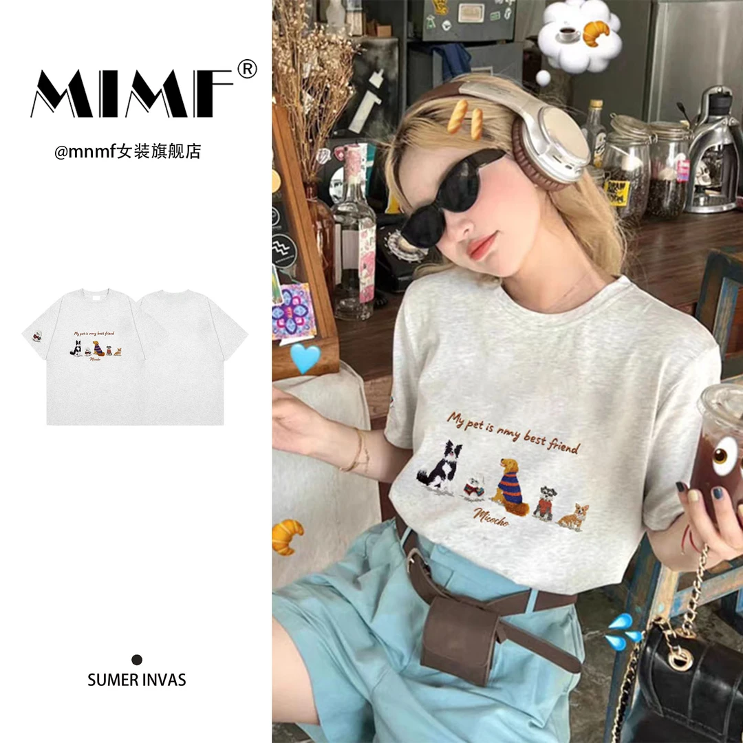 mnmf【仿刺绣印花】兔子印花白灰色圆领短袖T恤夏季纯棉休闲装上衣
