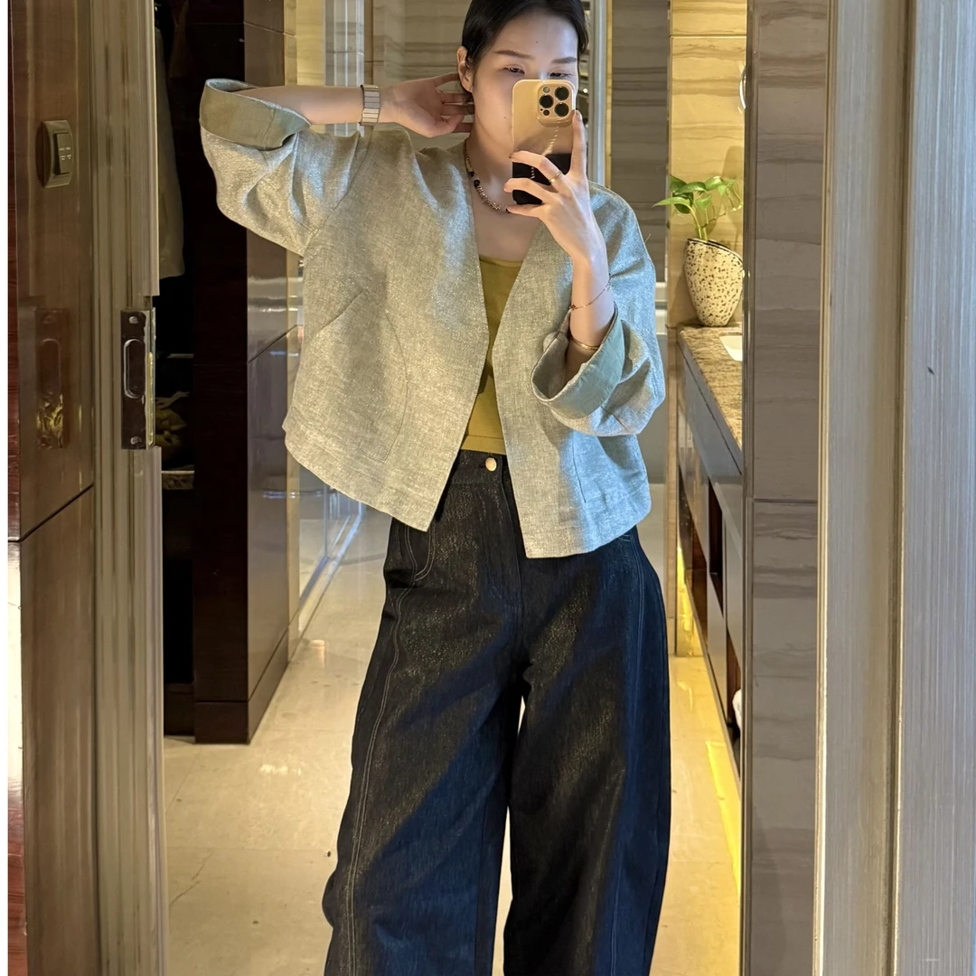 复古气质金色亚麻麂皮廓形短款外套女春秋麂皮绒外套秋季百搭休闲