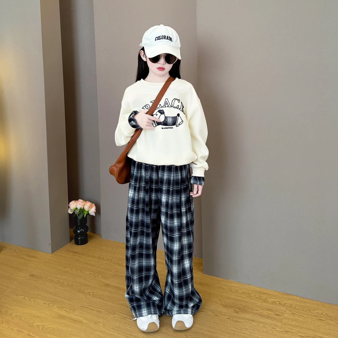 女童春秋款2025新款儿童韩系穿搭中大童时尚卫衣格子裤两件套甜酷