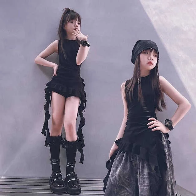 女童荷叶边不规则背心上衣街舞爵士女团演出服亲子款新