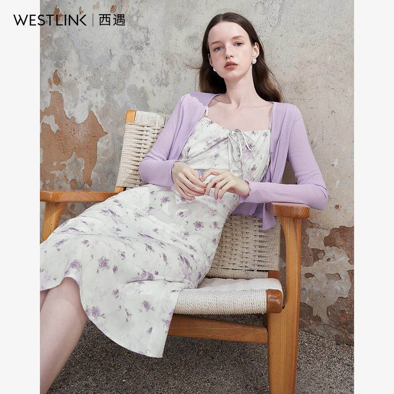 气质优雅连衣裙套装女2024夏针织开衫搭肌理碎花吊带裙两件套