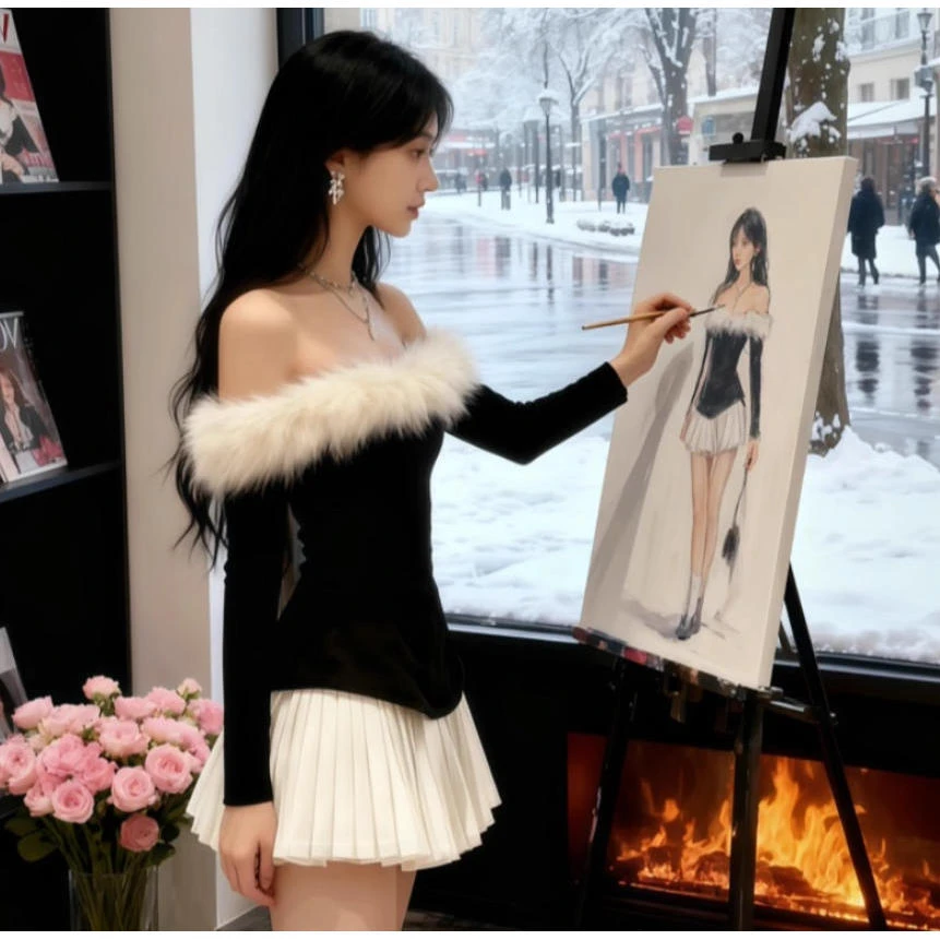 新款显瘦千金风黑色一字肩毛领露肩抹胸长袖修身拼接百褶连衣裙女