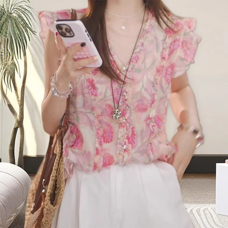 夏季新款无袖气质百搭休闲粉色花色衬衫DY85