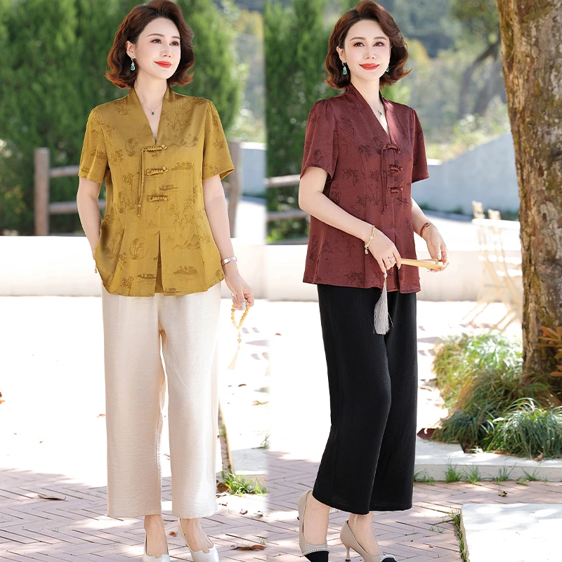母亲节礼物中老年女装夏季宽松印花套装妈妈装高贵气质短袖上衣
