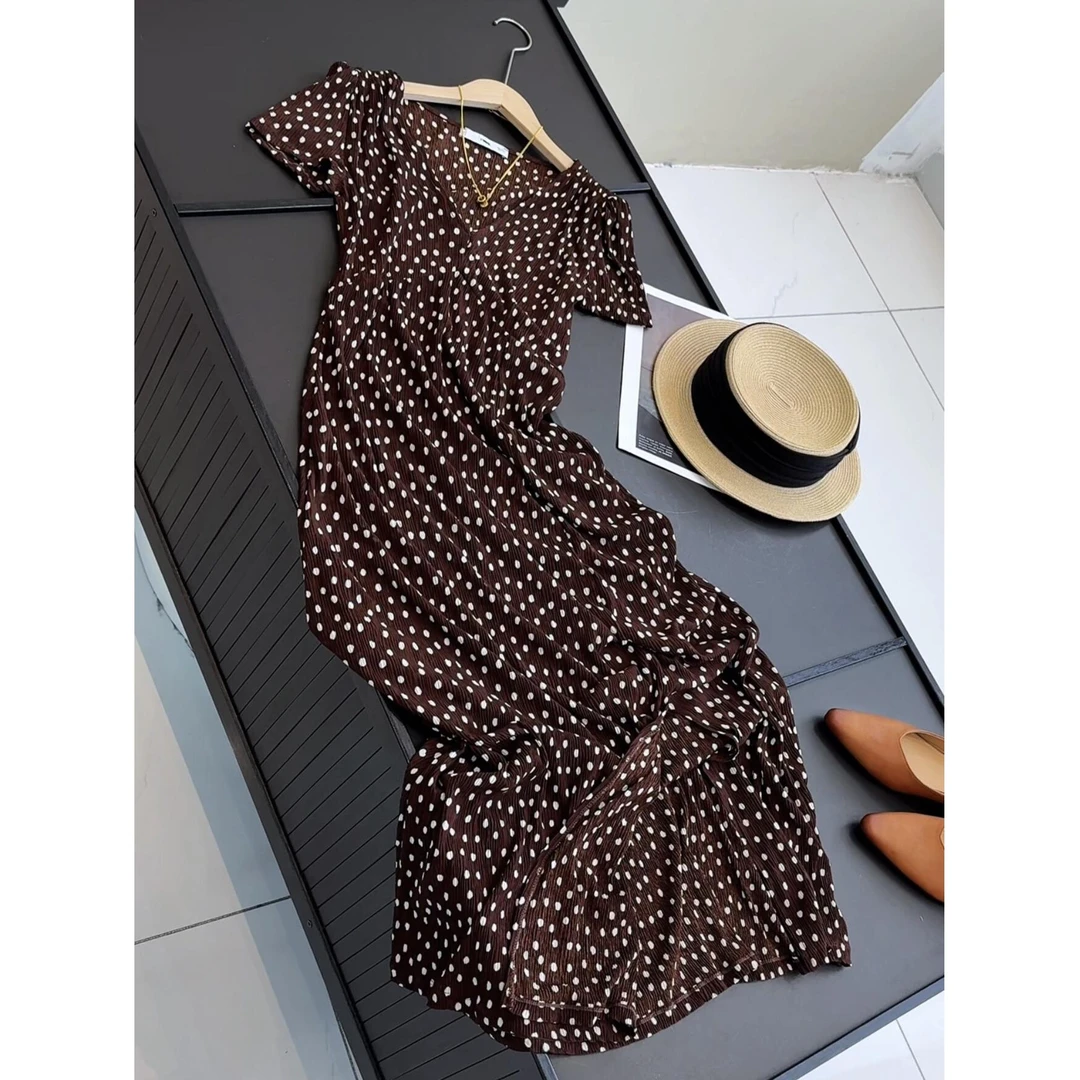 波点法式2025夏季新款裙子气质短袖裙茶歇a字连衣裙显瘦V领
