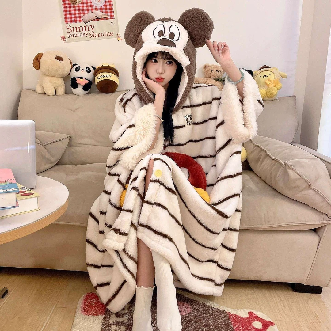 可爱米奇套装卡通动漫睡衣珊瑚绒加绒加厚女厚款睡袍披风条纹秋冬