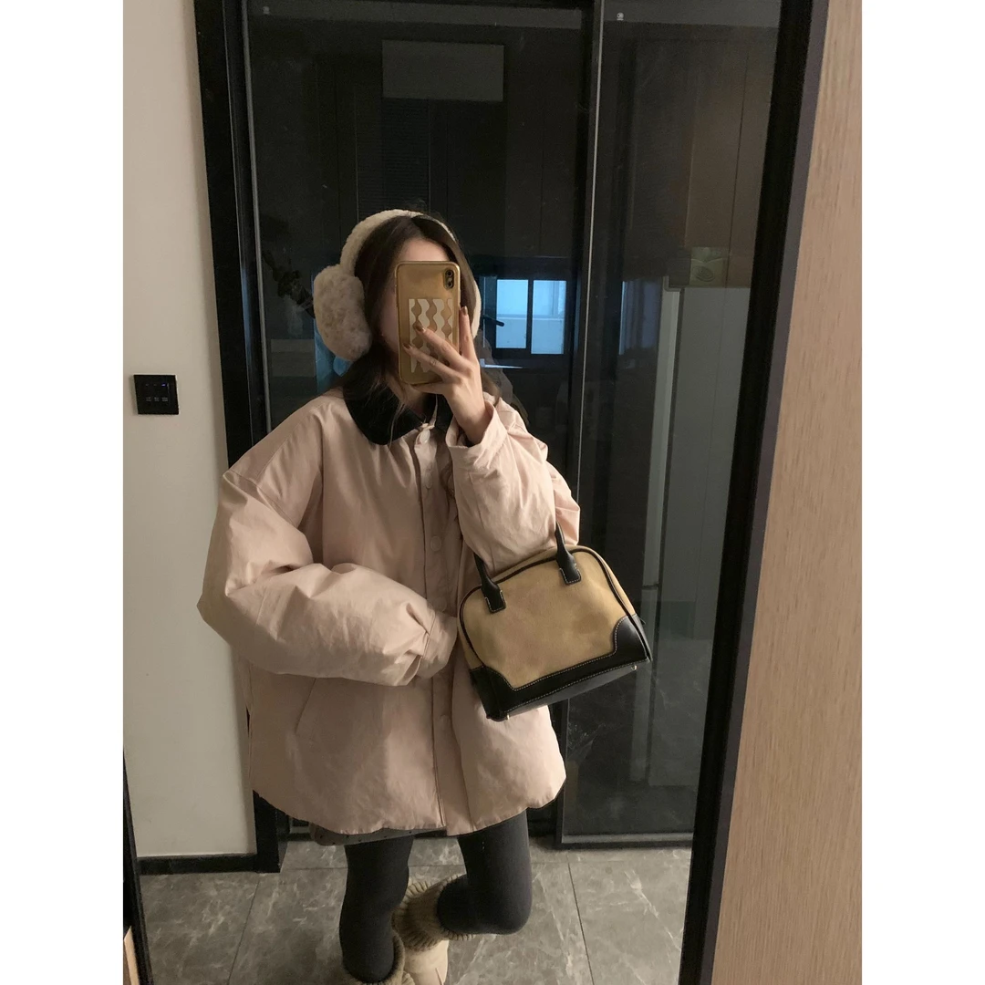 韩11oversize宽松中长款撞色翻领羽绒服外套97777