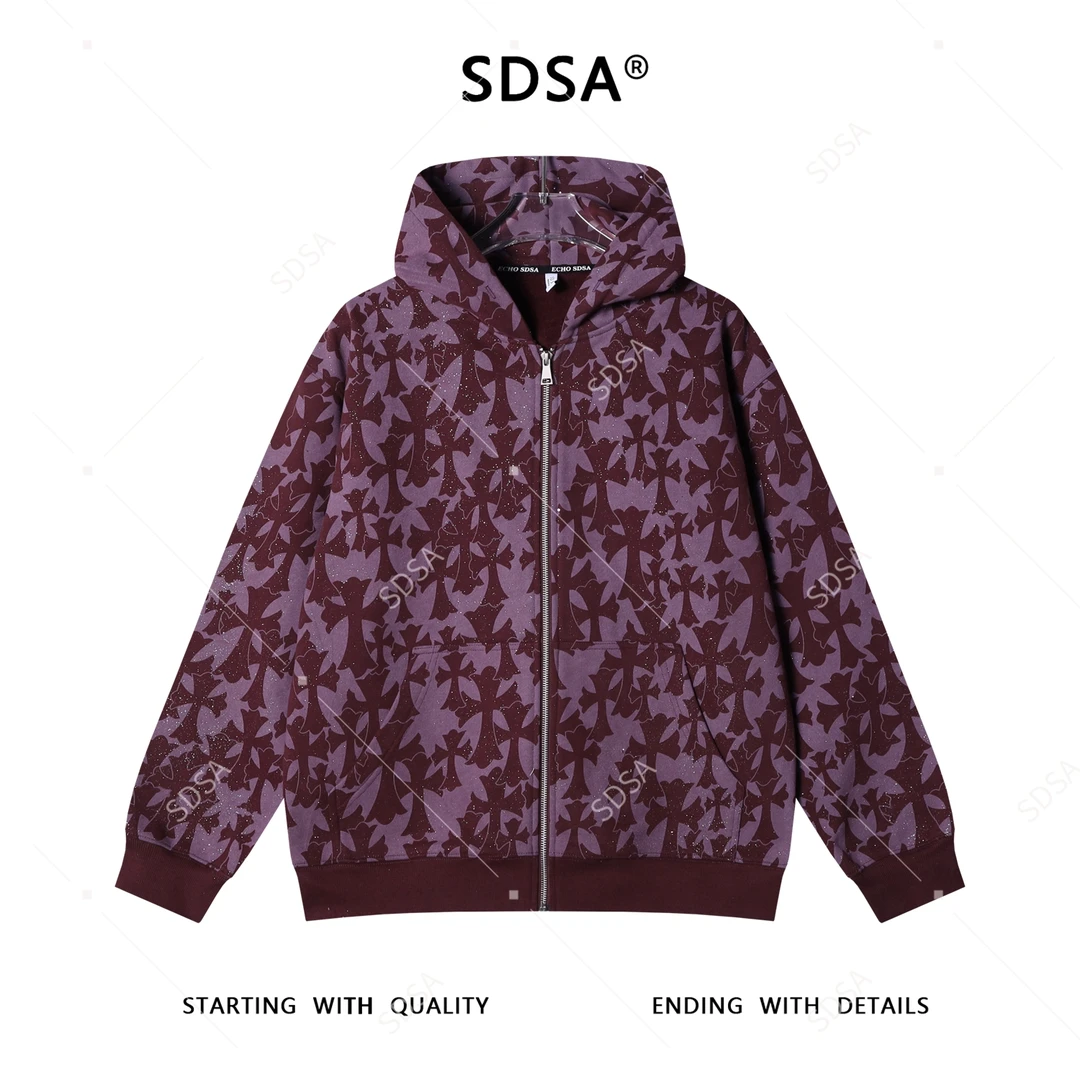 SDSA男士秋冬新款痞帅男装满天星撞色十字拉链连帽卫衣百搭外套潮