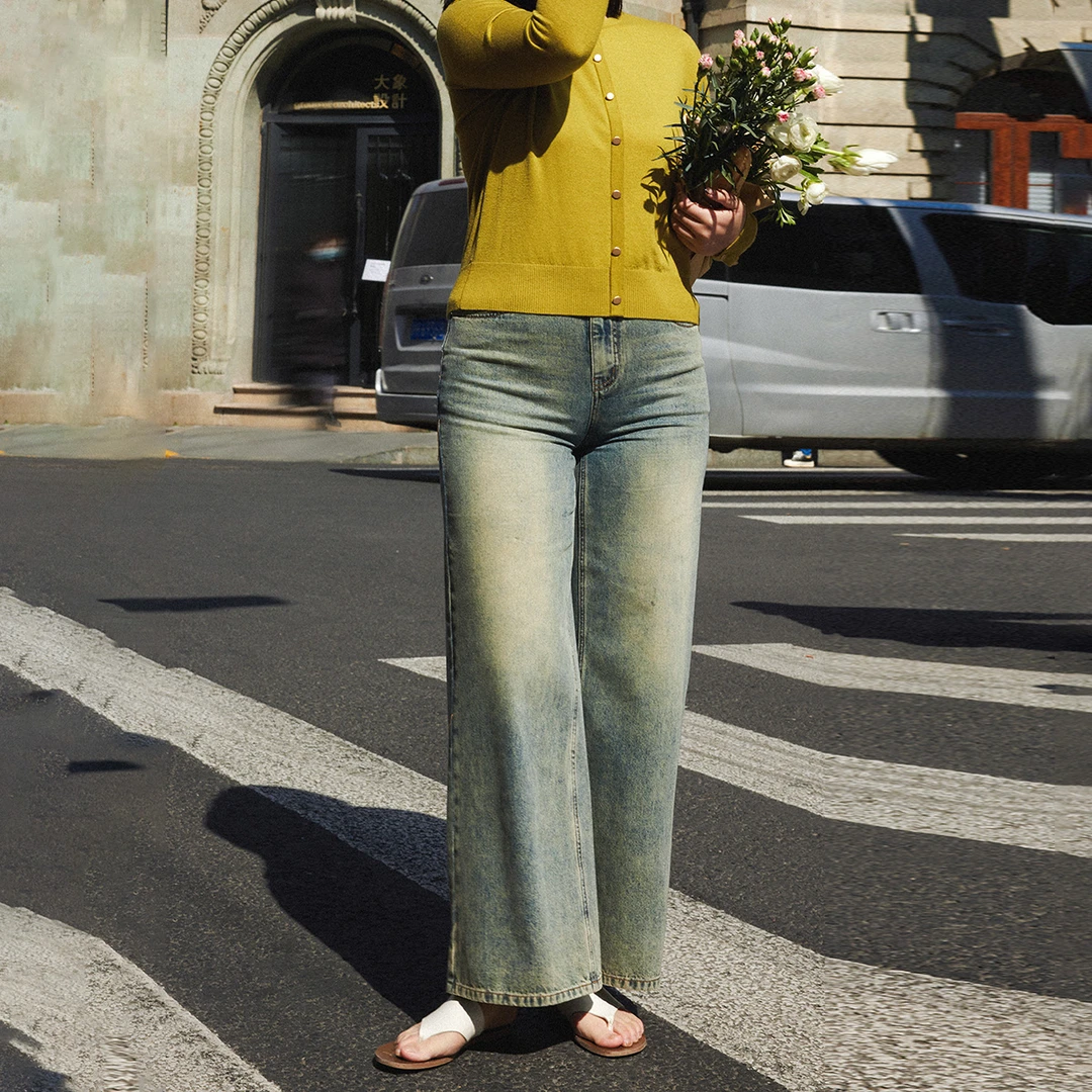 【折扣款】PLUSMALL 大长腿offer 重工中高腰直筒牛仔裤PPPP2411028