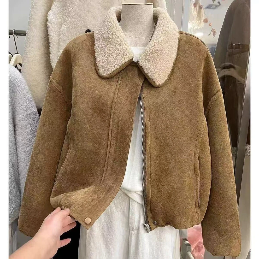 2025冬季新款百搭加绒加厚仿羊羔毛皮毛一体短款慵懒风毛毛外套女