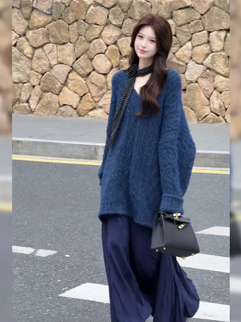 慵懒风气质蓝色V领宽松毛衣半裙女装2025秋冬新款大方得体两件套