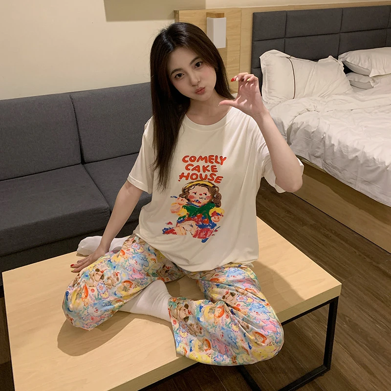 夏季新款蛋糕屋短袖带杯垫三件套圆领睡衣透气亲肤舒适女套装2160